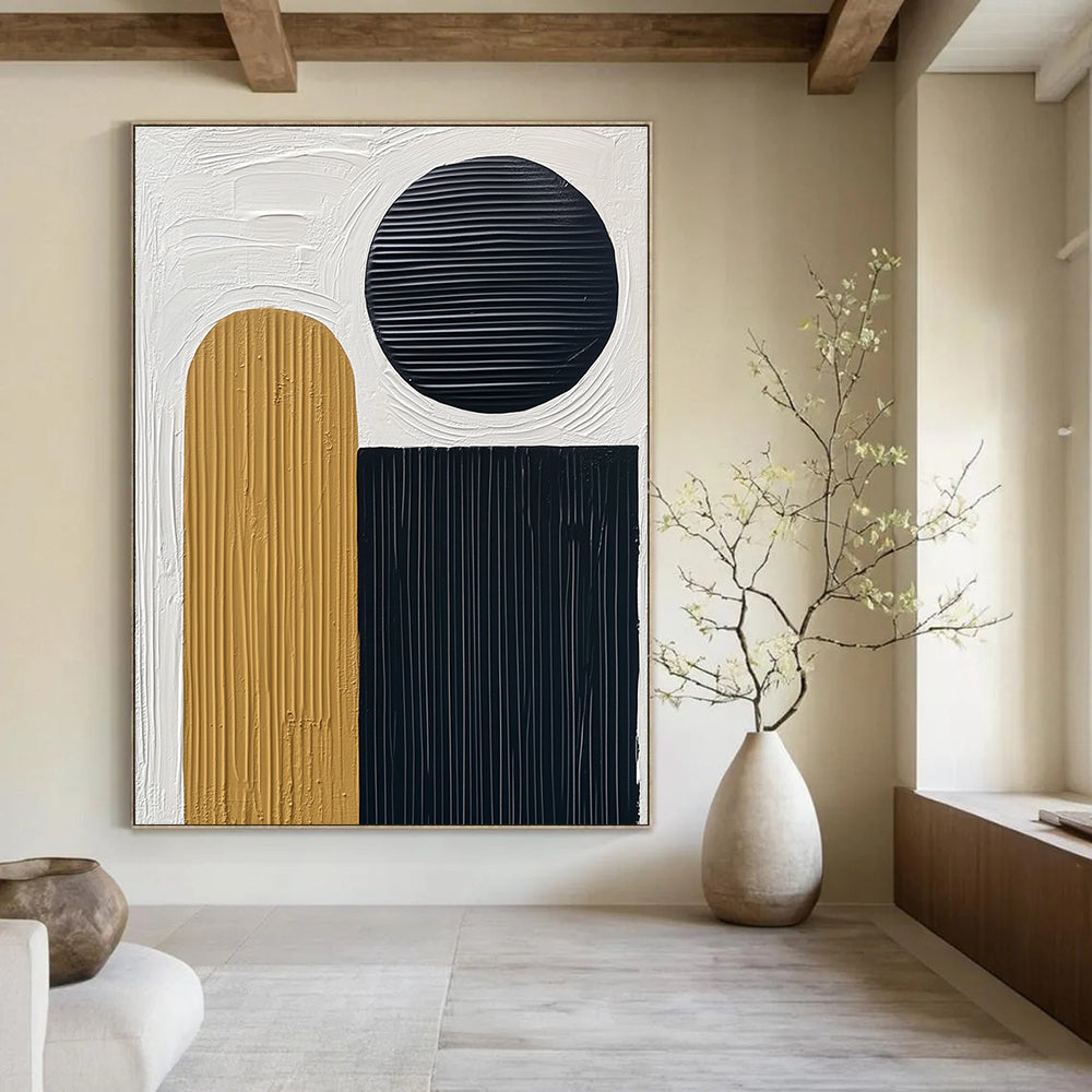 Abstract painting featuring thick black lines on textured paper with a white background and a small gold oval accent along with three circles.STSC451