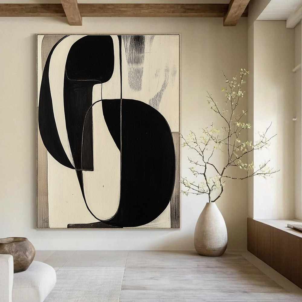 Large abstract painting reminiscent of Jean Arp featuring black and white shapes on a wood panel for a striking visual impact.STSC472