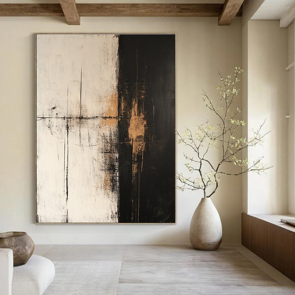 Large abstract oil painting in dark white and light beige with golden details on a dark gray background featuring minimalist and atmospheric style.STSC600