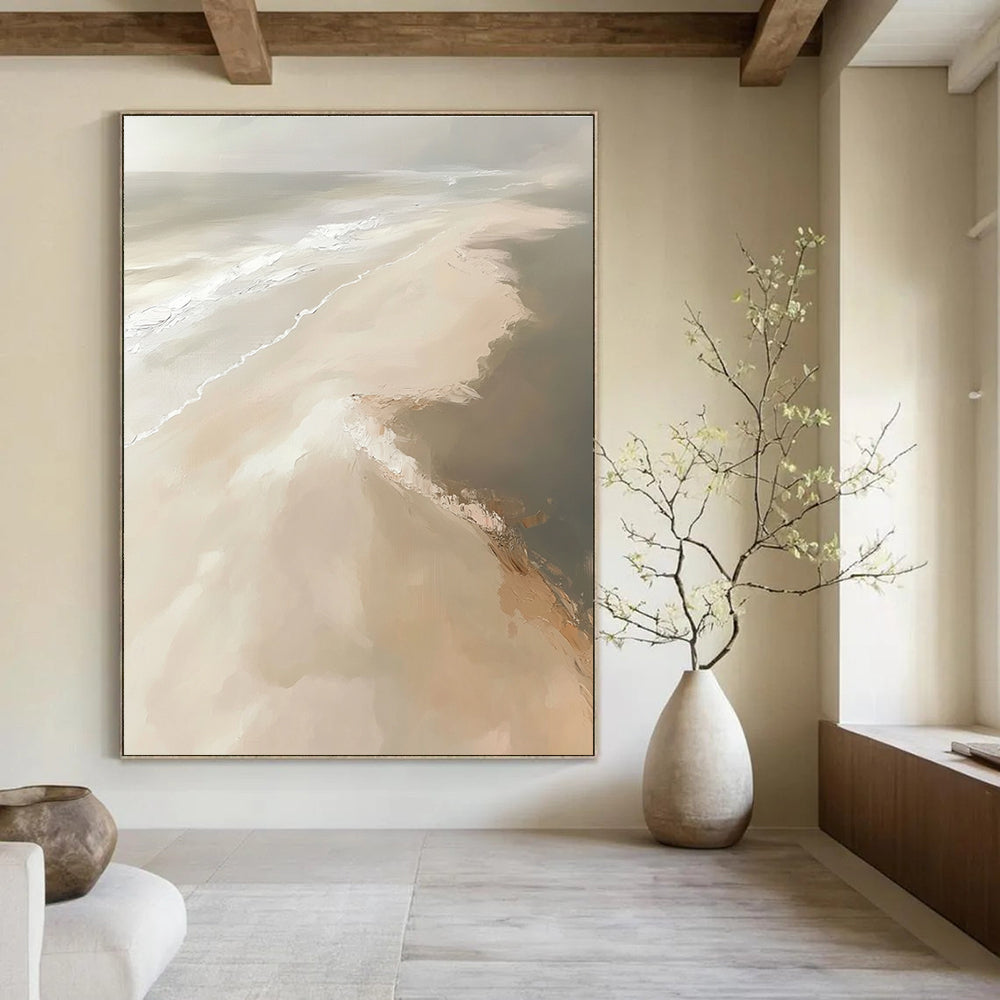 Large abstract painting depicting a sandy beach with soft tones and expressive brush strokes in a neutral color palette.STSC528