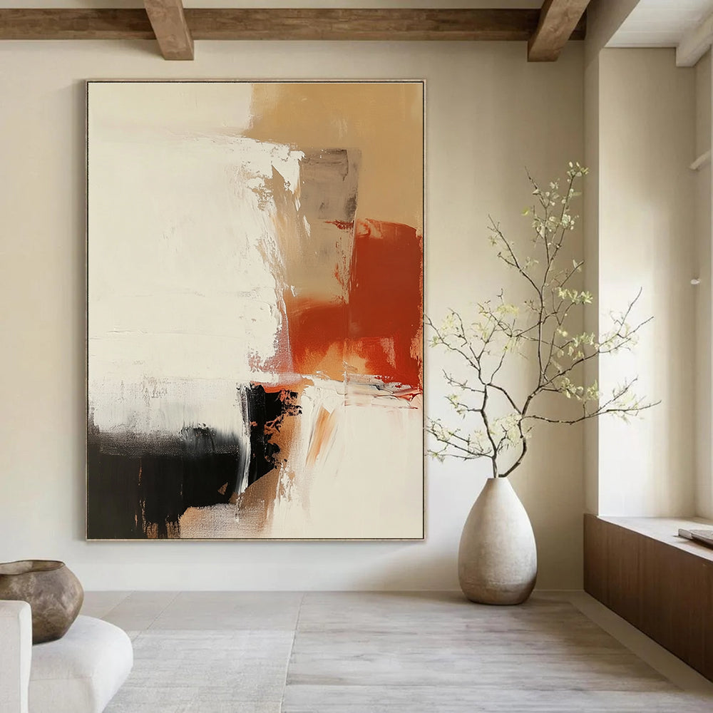 Large abstract painting features earthy tones and white space with thick brush strokes and a soft minimalistic aesthetic perfect for modern decor.STSC750