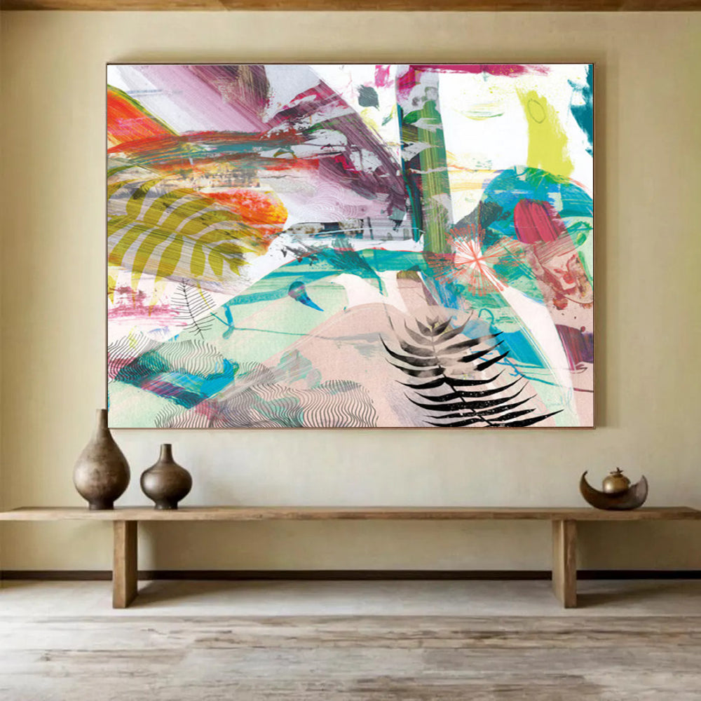 Vibrant Mixed - Media Abstract Painting with Colorful Patterns and Ferns THY118