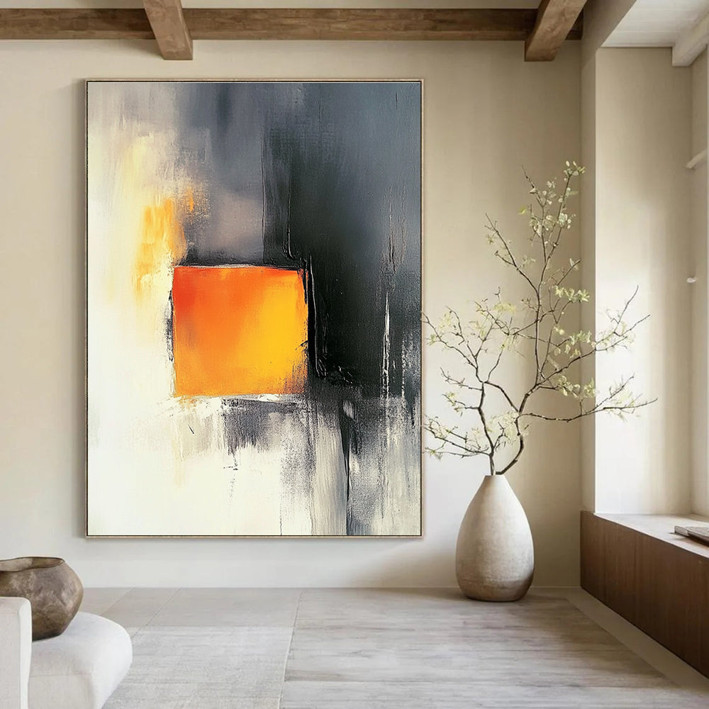 Abstract painting featuring a light orange square amid dark gray and white backgrounds with elegant yellow tones and strong black and red contrasts.STSC1208