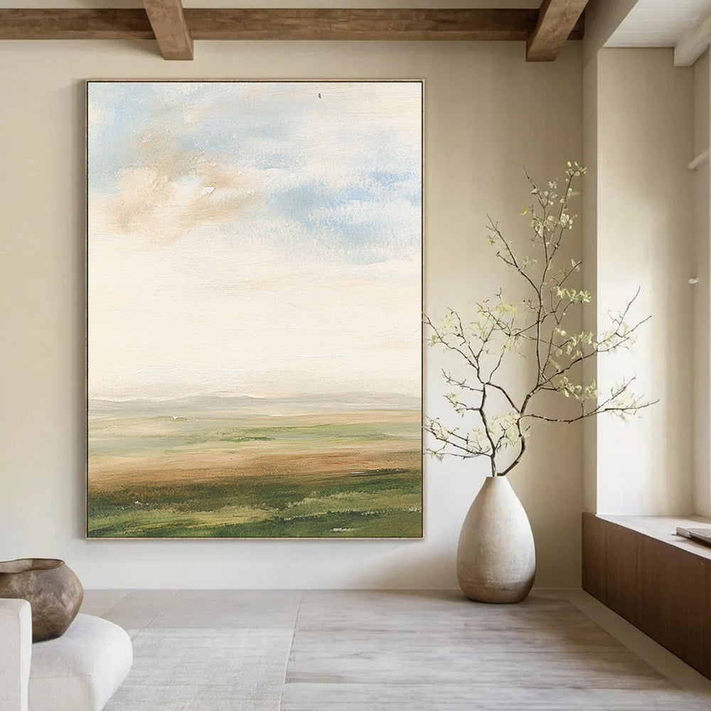 Abstract watercolor painting of an English landscape featuring soft clouds grassy fields muted colors and impressionist brush strokes.STSC497