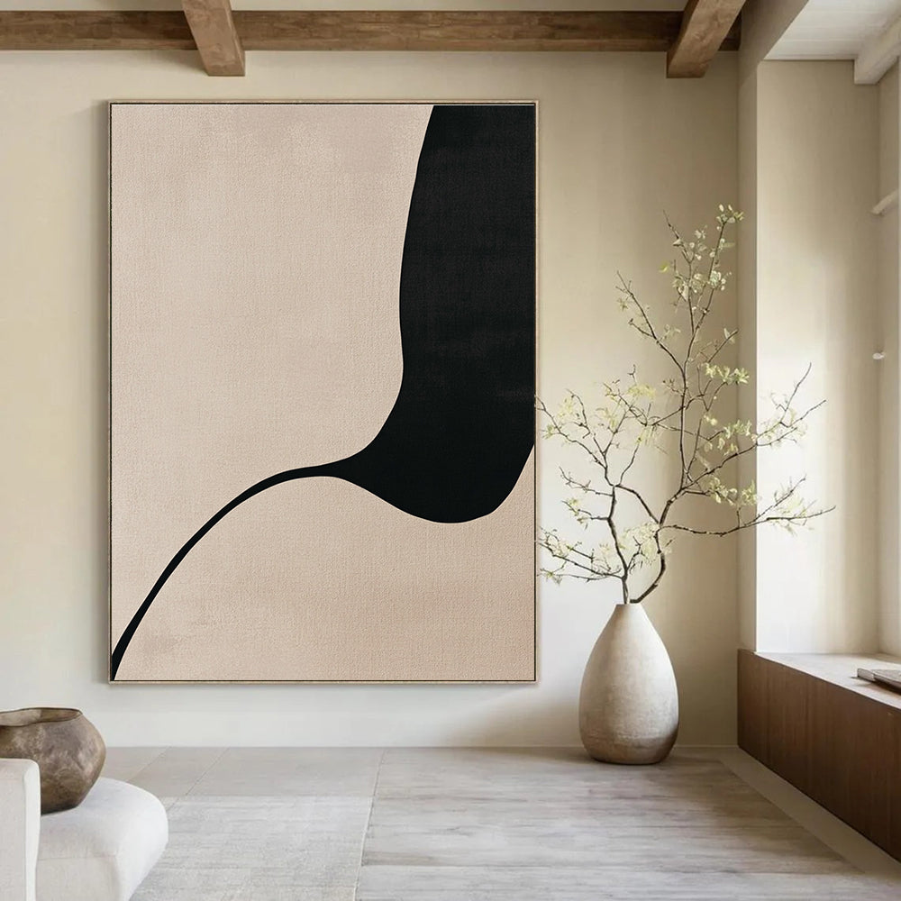A large abstract painting featuring minimalist Japandi art with body curves in black line drawing on a soothing beige background.STSC1341