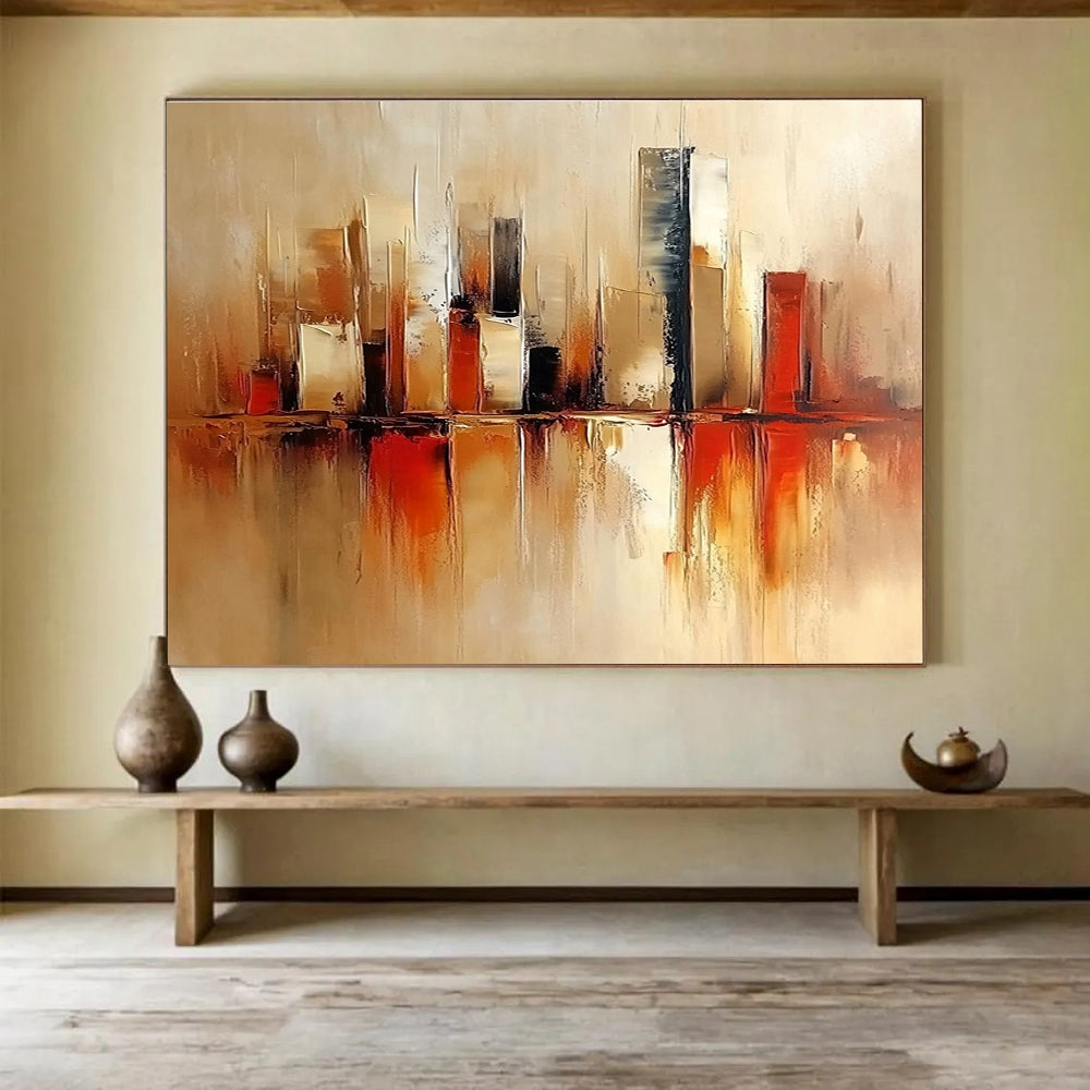 Large abstract painting featuring a modern cityscape in warm beige and red tones with soft brush strokes and minimalist design.SC098
