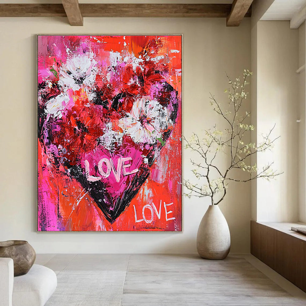 Large Abstract Painting of Flowers Forming a Heart in Bold Reds Pinks and Whites with Handwritten Love Text Symbolizing Passion and Romance.STSC680