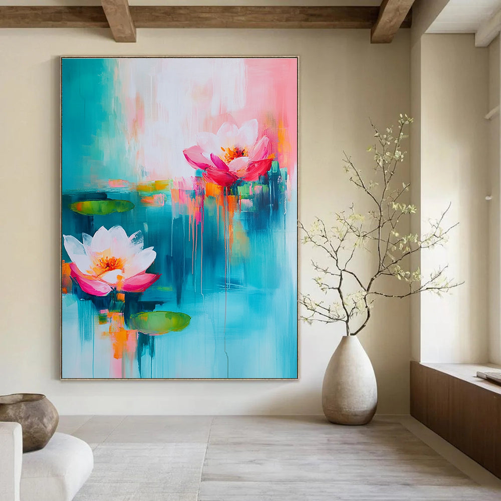 Large abstract painting with turquoise and pink hues featuring soft brush strokes of flowers and water lilies in a dreamy atmosphere.STSC052