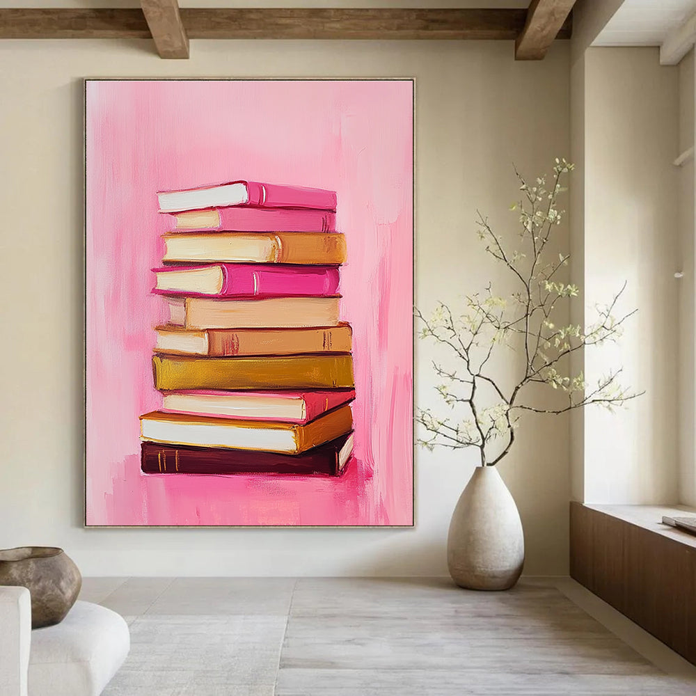 Abstract painting featuring a stack of books on a pink and gold background inspired by Marjolein Bastiaanse minimalist style oil on canvas.STSC1209