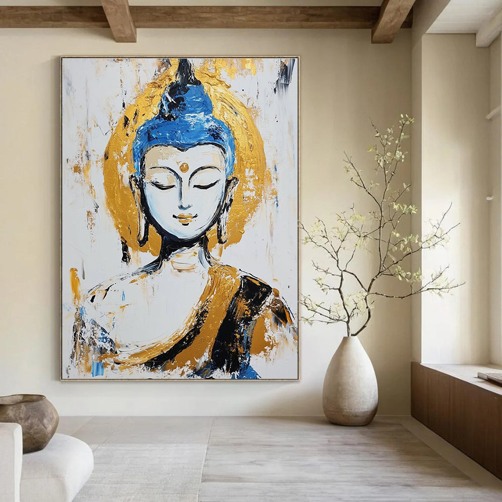A large abstract painting of the Buddha with pale skin and blue hair in meditation against a white background featuring gold accents and visible brush strokes.STSC338
