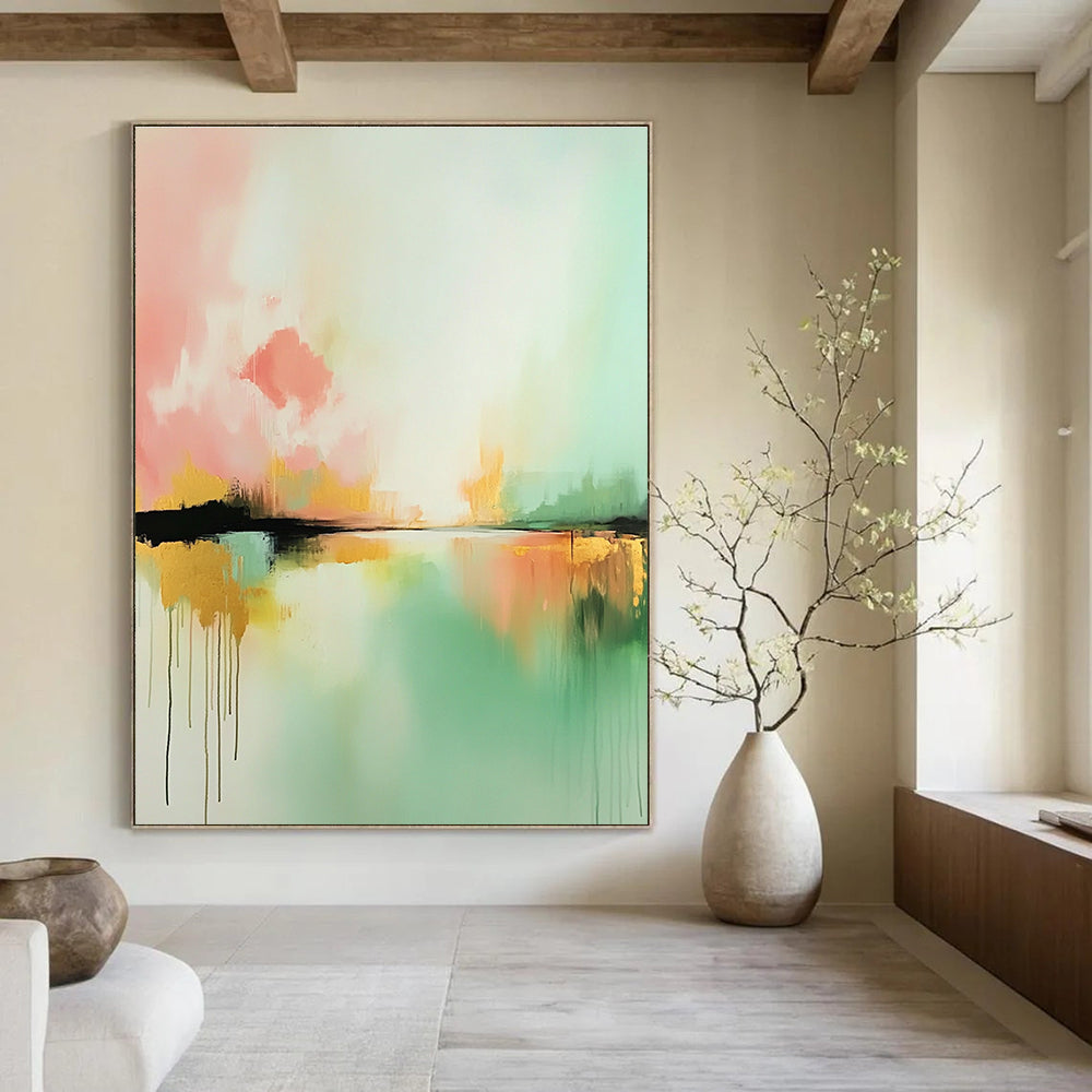 Large abstract painting inspired by Claude Monet featuring light pink mint green and gold hues with expressive brush strokes and a serene water foreground.STSC086
