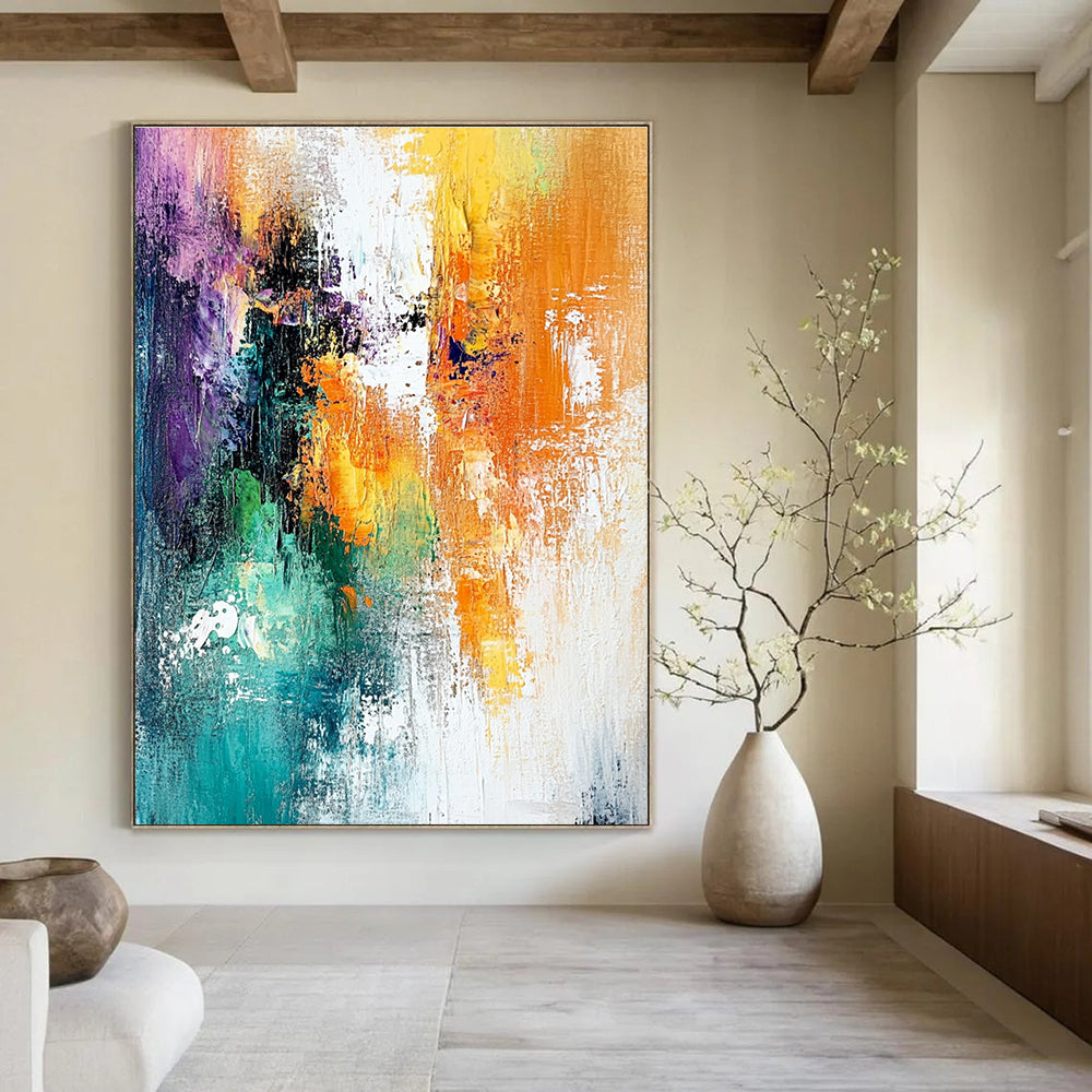Large abstract painting featuring dreamy hues of white orange and teal with textured brushstrokes and a layered mixed media composition.STSC417