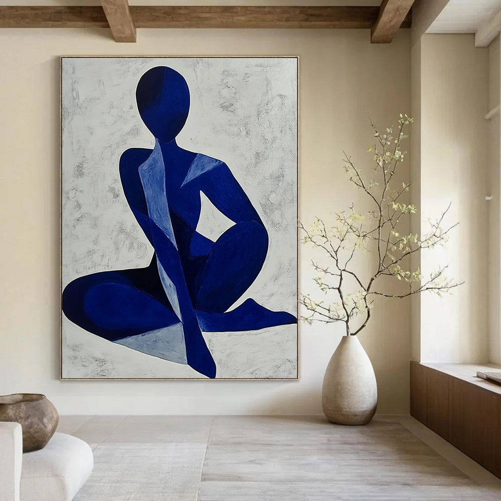 Abstract painting of a blue woman’s body, minimalist style with monochrome colors on light grey background, perfect for modern decor.STSC1405