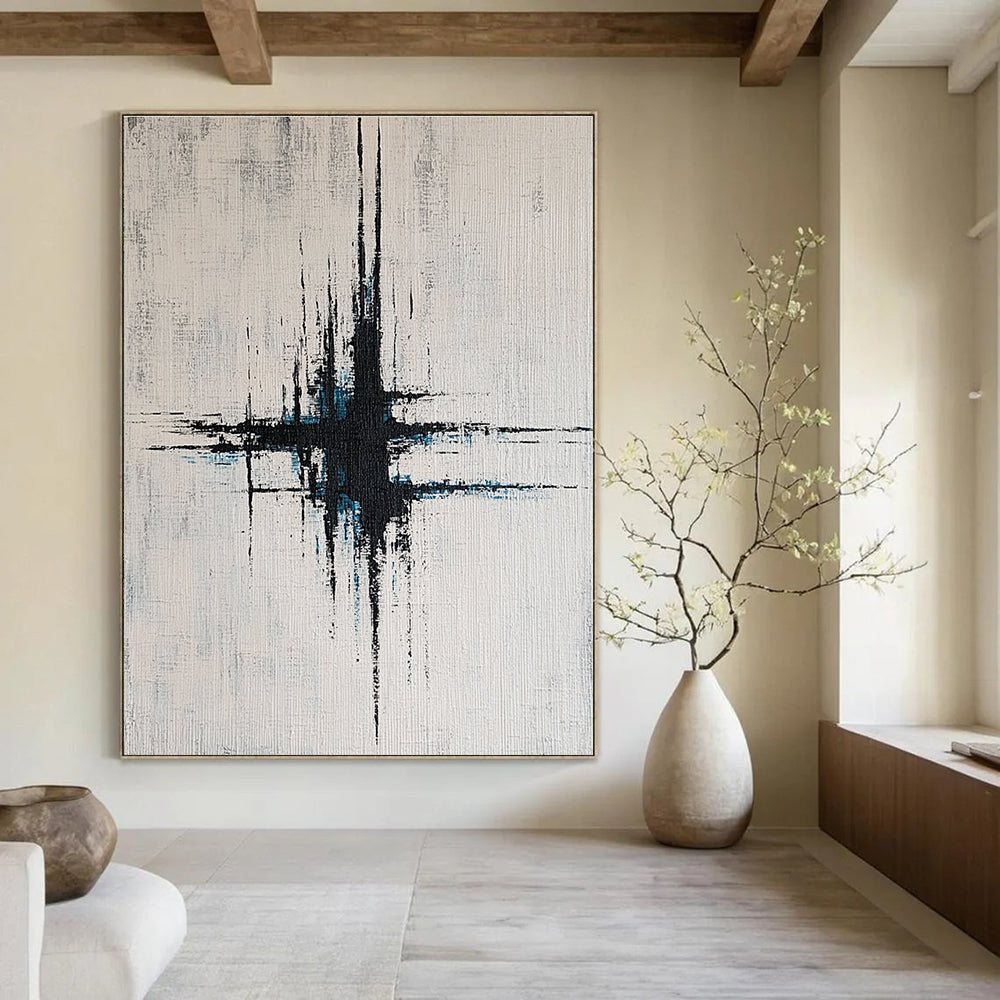 Large abstract painting with vibrant blue and gray lines on a white background featuring vertical brushstrokes and dynamic light effects.STSC439