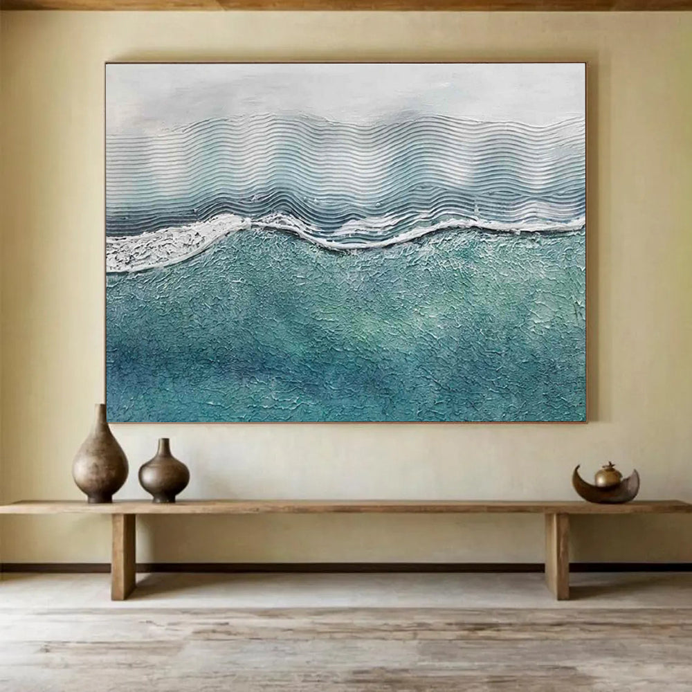 Wavy Sea Texture Abstract Painting with Blue and White Tones THY278
