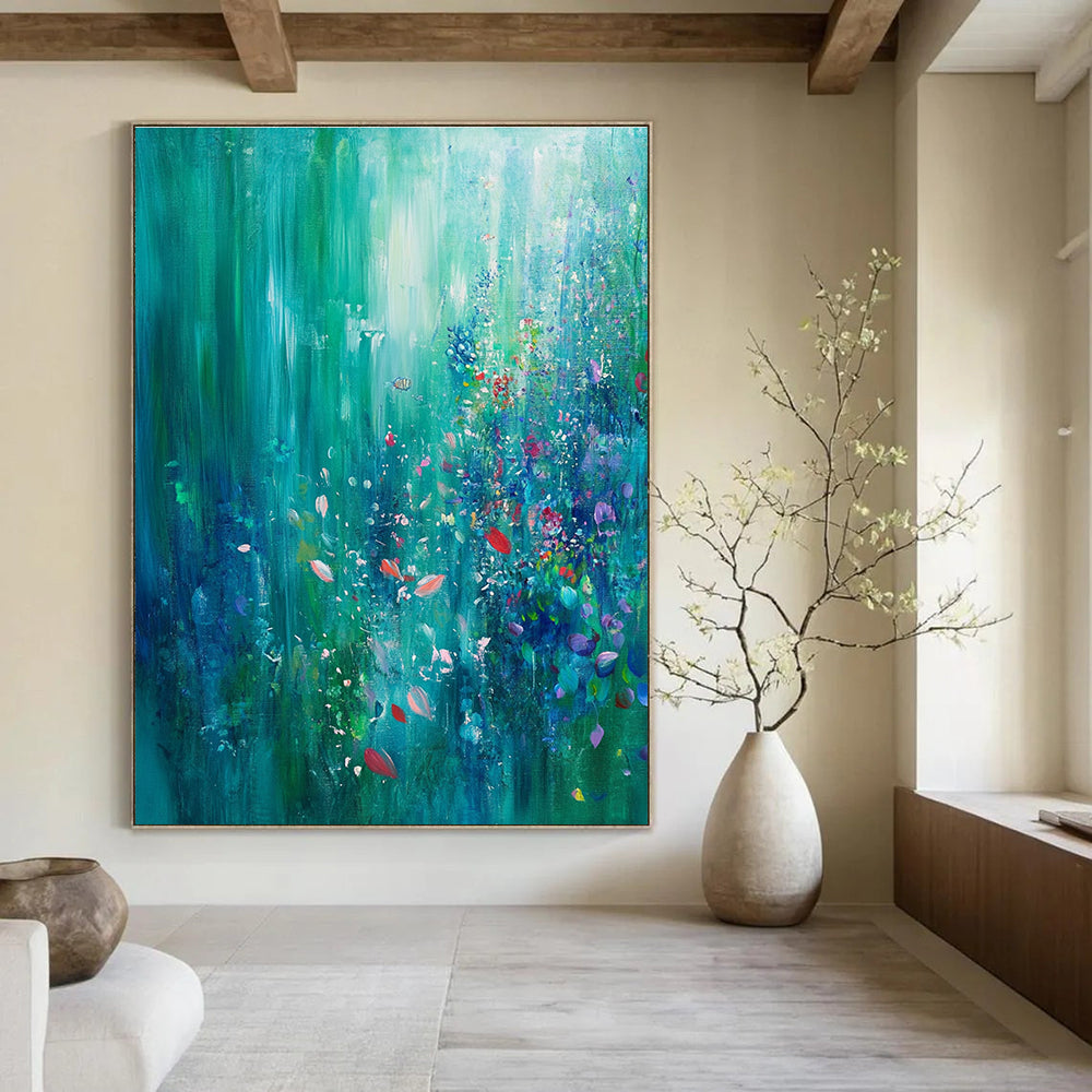 Large abstract painting of an underwater garden with turquoise emerald hues coral reef soft light small fish and colorful bubbles for a tranquil effect.STSC273
