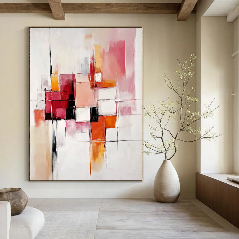 Abstract oil painting with bold brush strokes and geometric shapes in light pink, orange, red, white, grey, and beige on a white background.STSC582