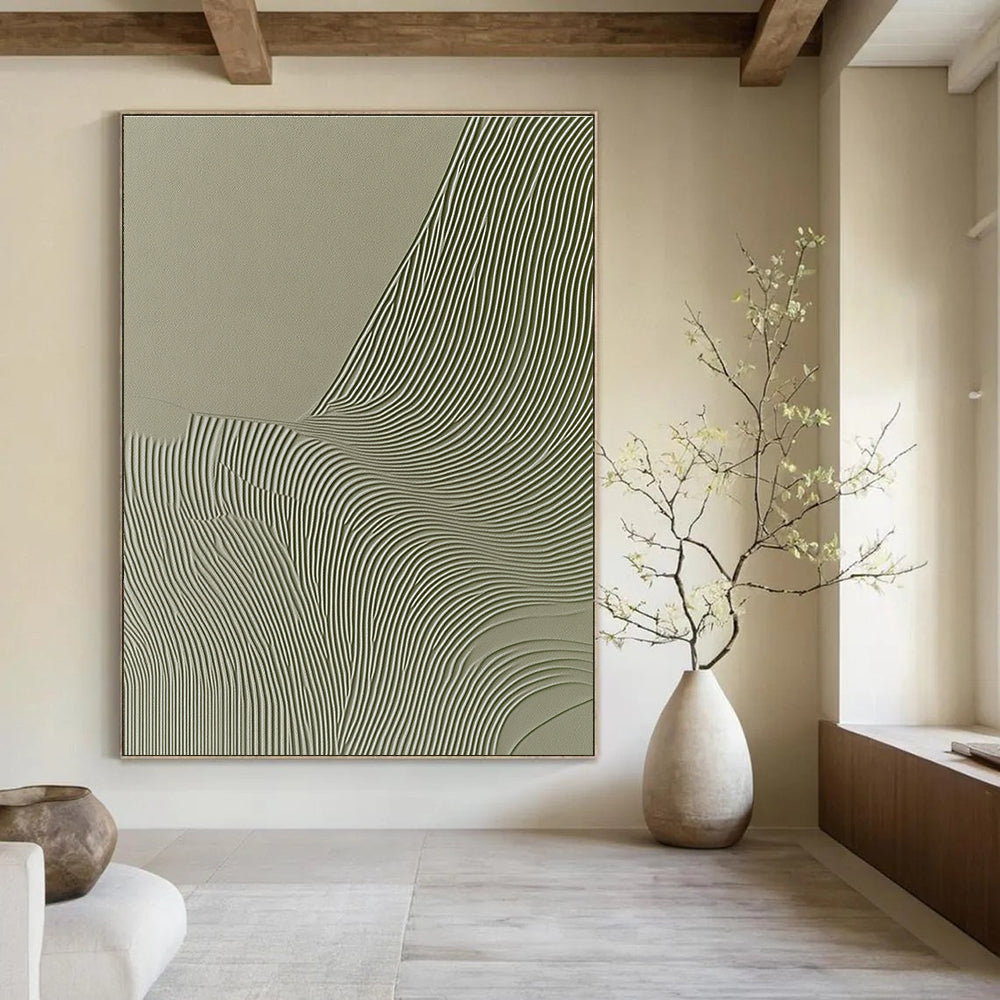 Abstract artwork featuring wavy lines on a gray background with organic shapes in beige and green evokes an elegant natural aesthetic for interior design.STSC998