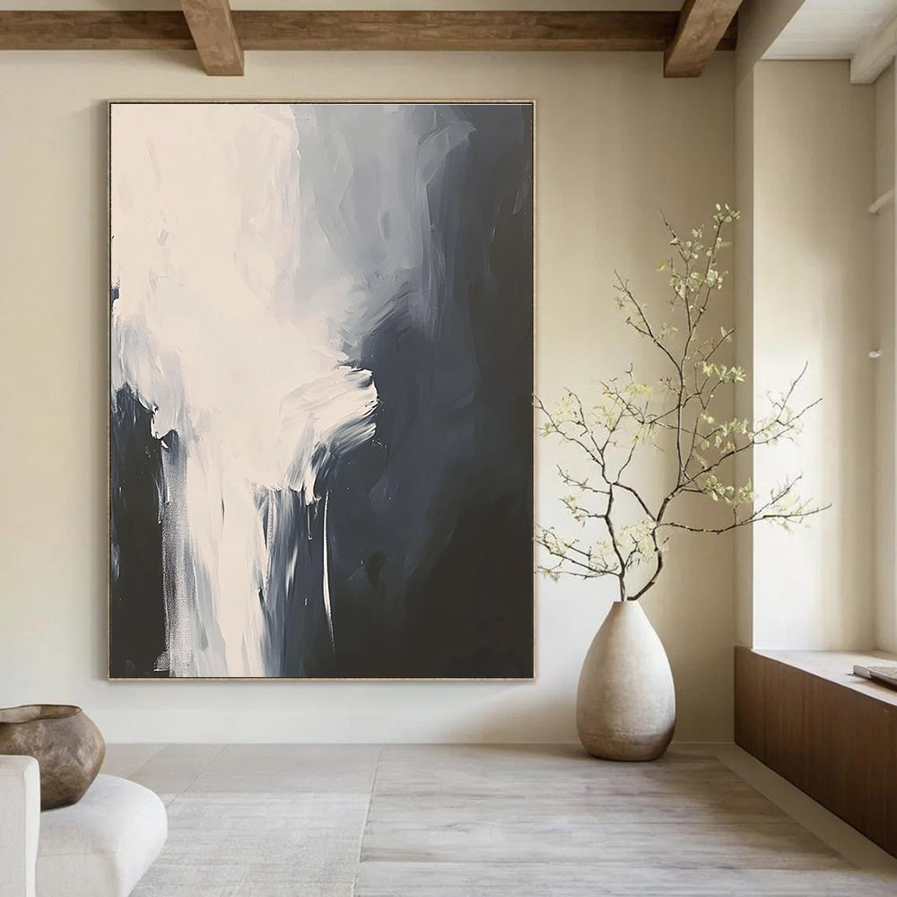 Large abstract painting in white and gray featuring atmospheric brushstrokes and a cloud pattern on a black background with a minimalist style.STSC236