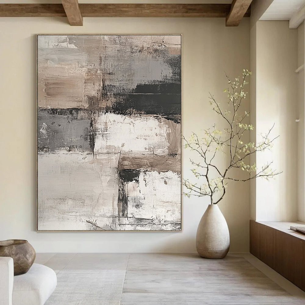 Abstract painting featuring an aged white brick wall with peeling paint, set against a muted background of grey, beige, and brown tones.STSC269