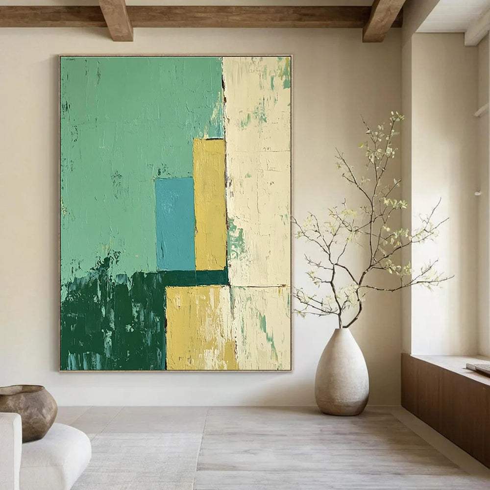 Large abstract oil painting featuring an architectural scene in green and yellow with blue accents, showcasing a minimalistic style.STSC144