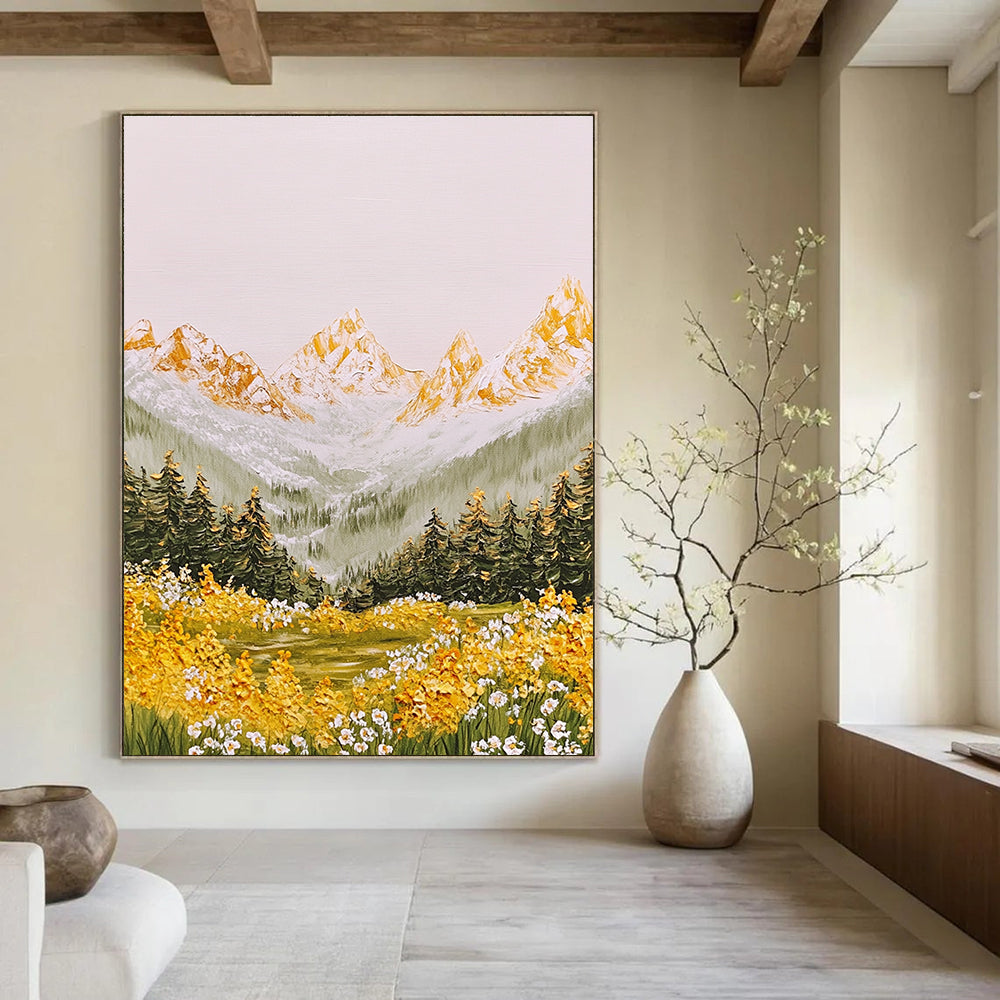 A large abstract painting of dreamy Alps with golden peaks green mountains flowers trees and bright sun in a light watercolor style.STSC1441