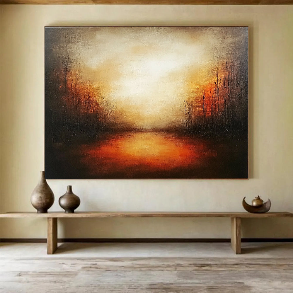 Abstract landscape painting featuring warm oranges and reds with soft brush strokes, textured canvas, and a serene evening atmosphere.SC086