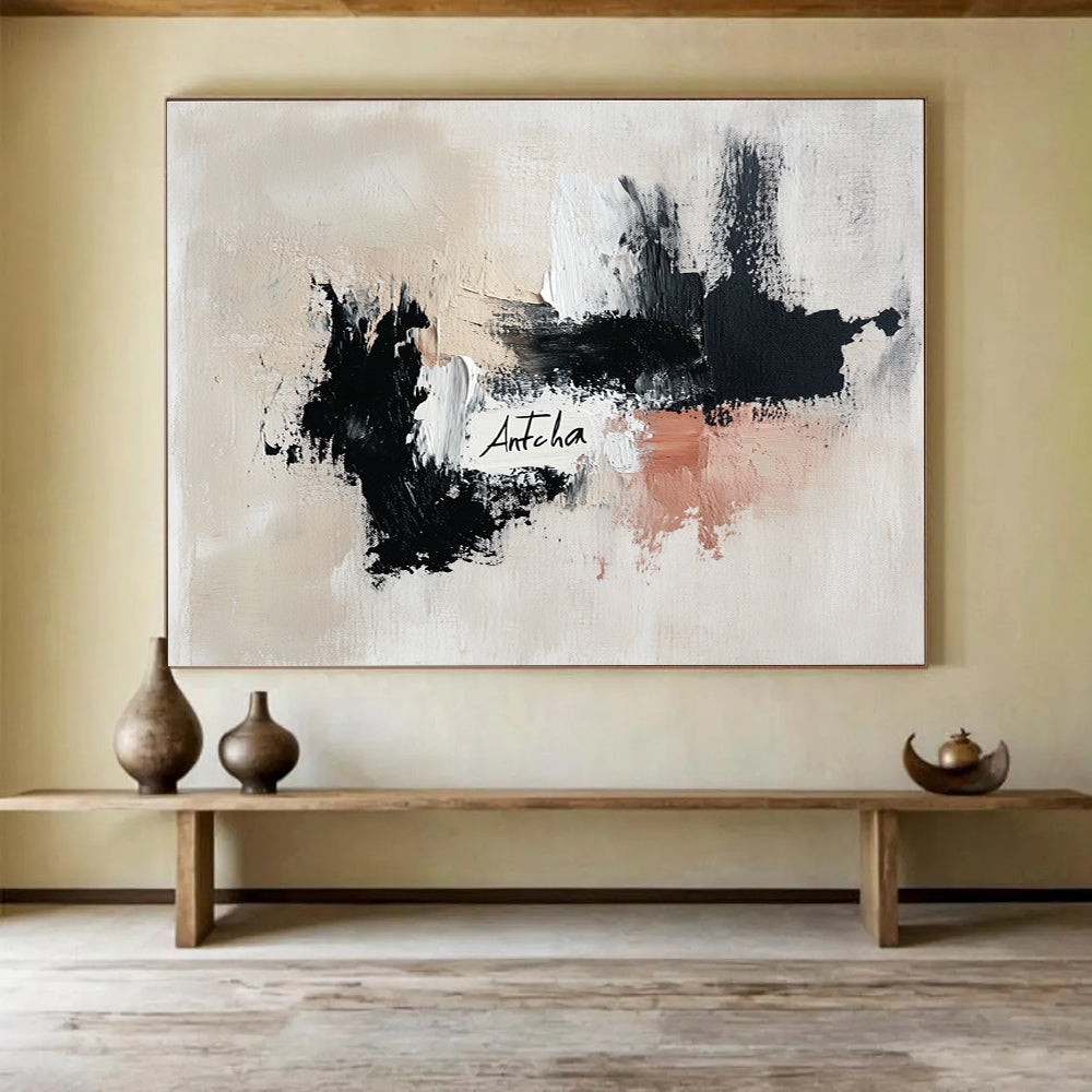 Large abstract painting featuring the word Antcha in soft black and white strokes with dynamic brushwork in a harmonious palette of gray and warm tones.SC311