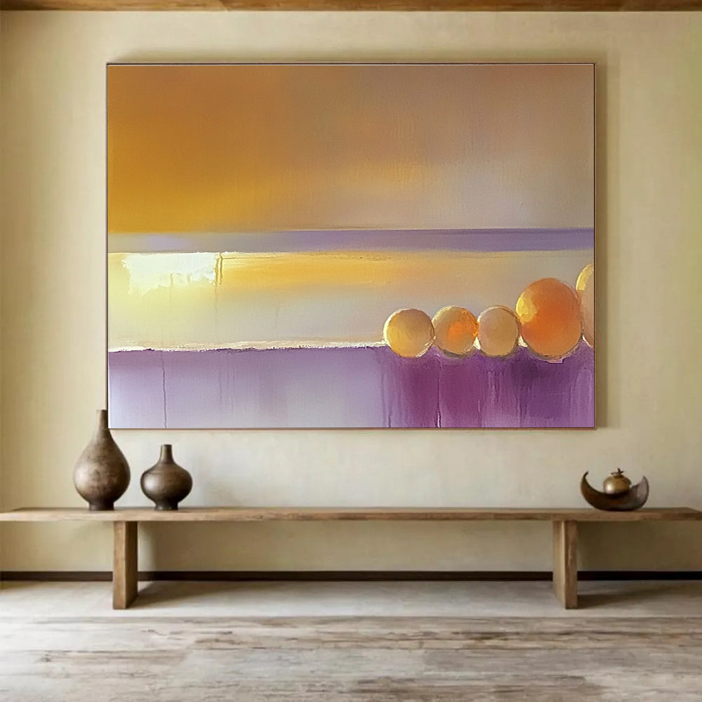 Large abstract painting of the sea featuring a muted horizon with warm yellow and orange light blending into beige and violet tones.SC202