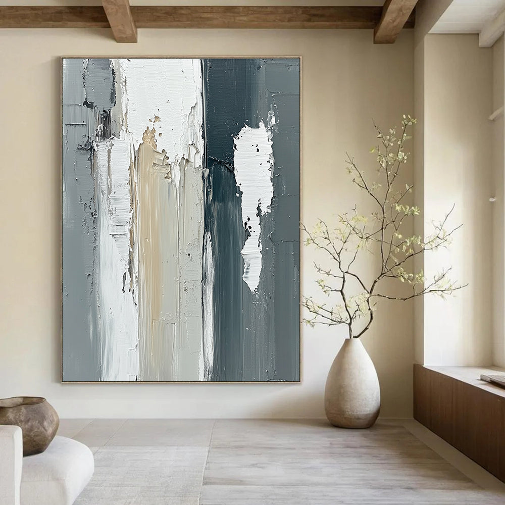 Large abstract oil painting featuring vertical gray and white wooden beams with thick strokes in a neutral monochromatic palette.STSC579