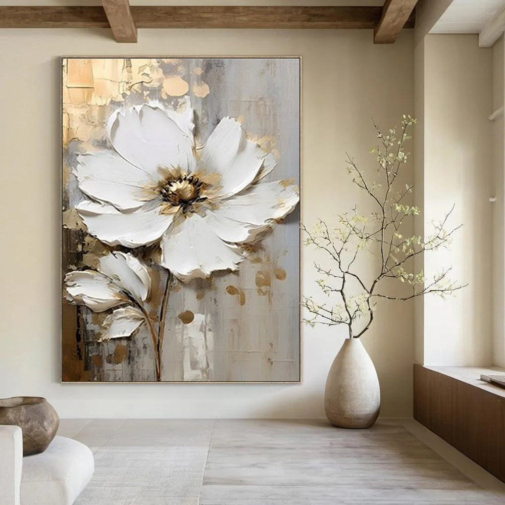 White Flower Textured Abstract Painting with Gold Accents ADGE300