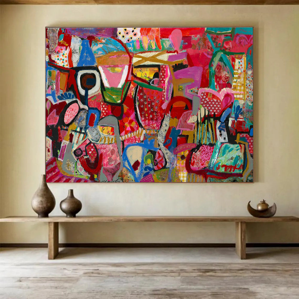 Playful Abstract Painting with Pink, Red, and Colorful Patterns THY239