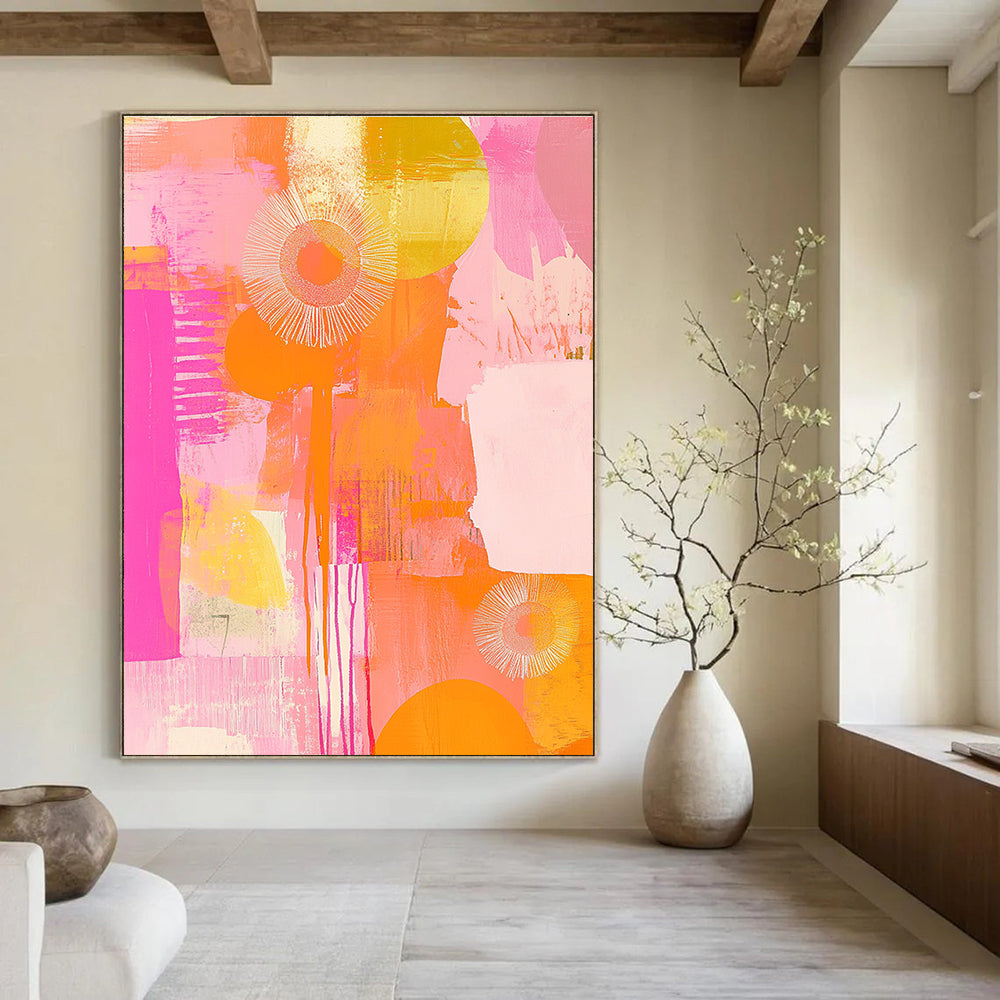 A large abstract painting featuring peach and pink tones with circles flowers and patterns radiating happy vibes in soft brush strokes.STSC1408