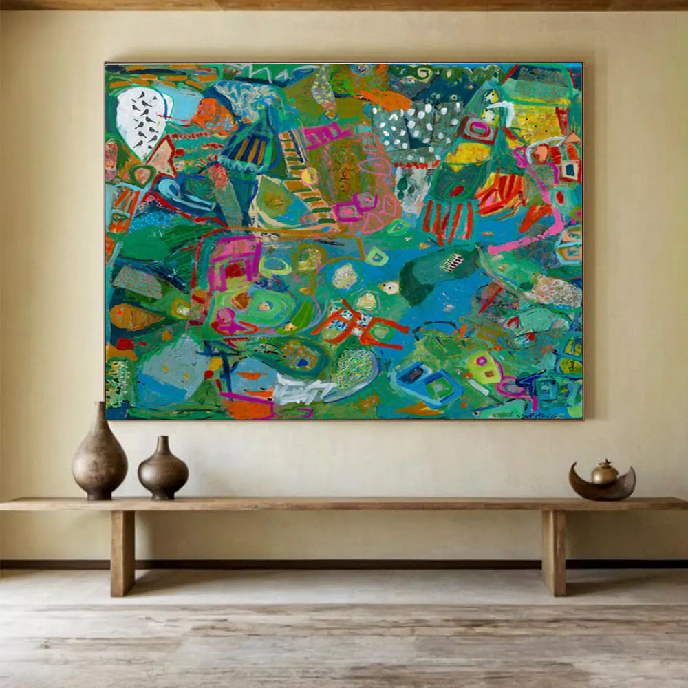 Vibrant Geometric Abstract Painting with Green, Blue, and Pink Tones THY235