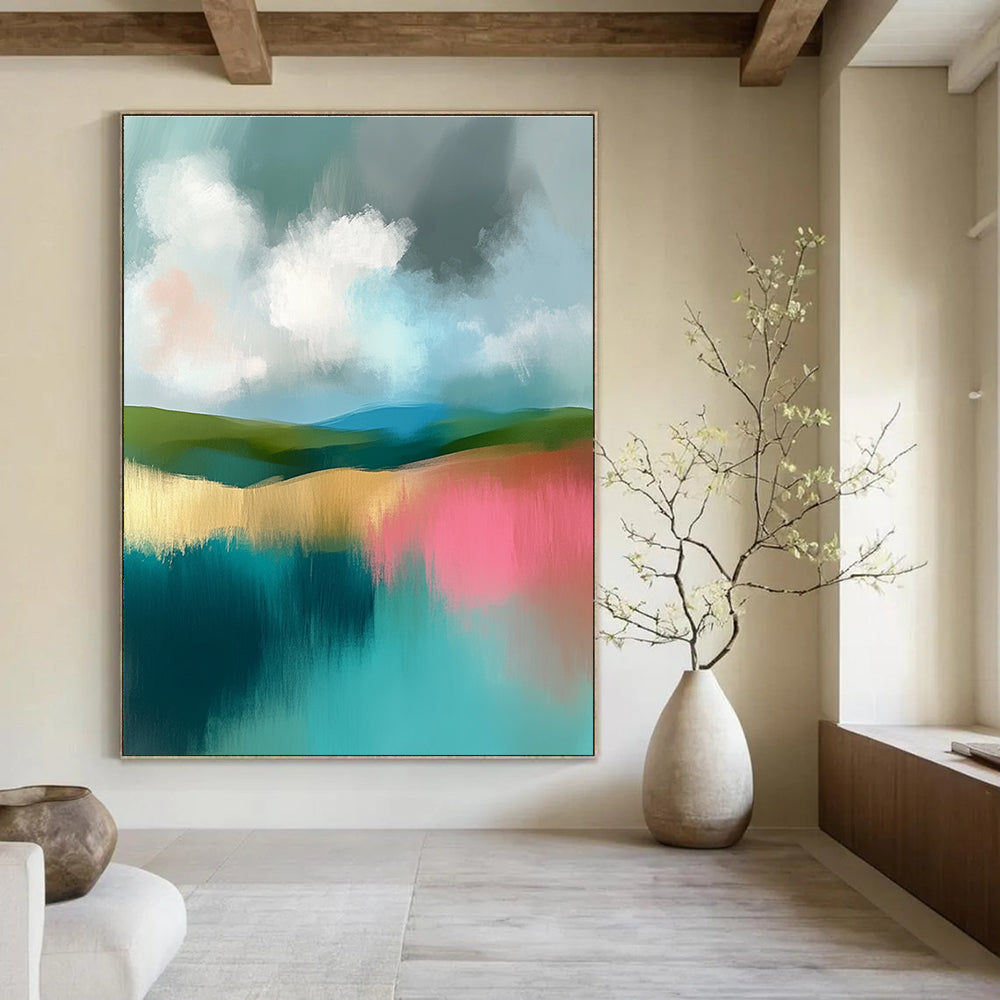 Large abstract painting featuring soft teal and pink hues with gentle clouds and muted greens in a serene landscape.STSC107