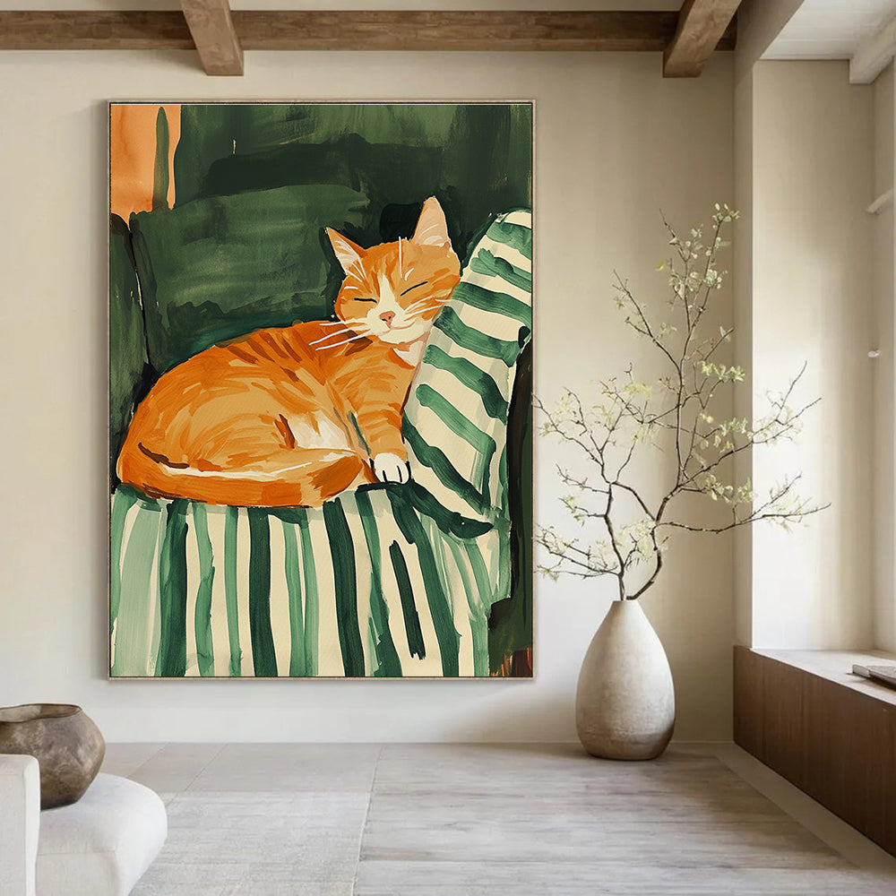 A vibrant abstract gouache painting featuring a joyful orange cat on a striped green blanket, inspired by Maira Kalman's pastel style.STSC1016