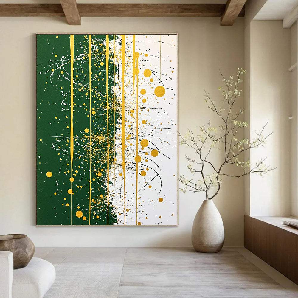 Large abstract painting featuring green and white with golden details and line art offering a balanced and symmetrical composition.STSC1172