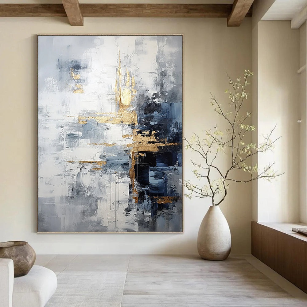 Gray - Gold Abstract Composition Painting with Dynamic Brushstrokes ADGE453