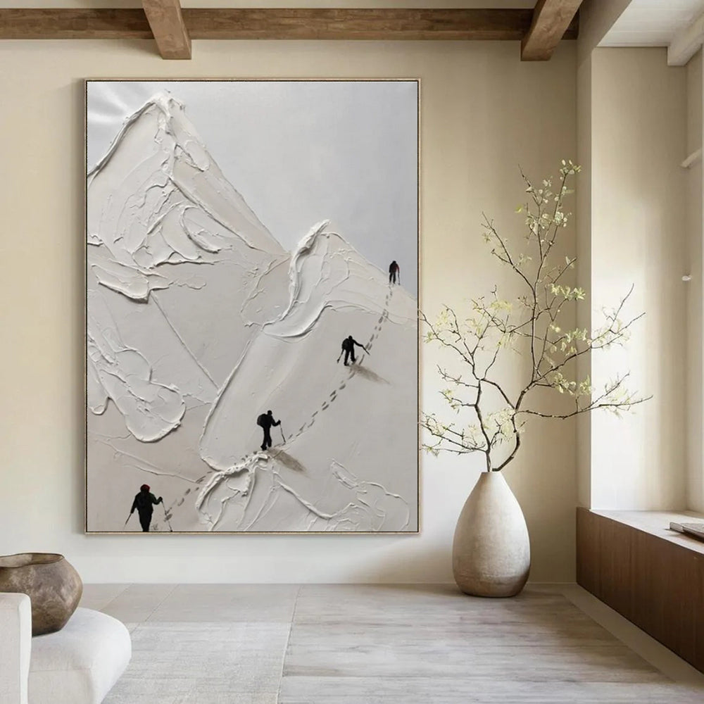 White Textured Mountain Climbing Abstract Painting with Black Silhouettes ADGE317