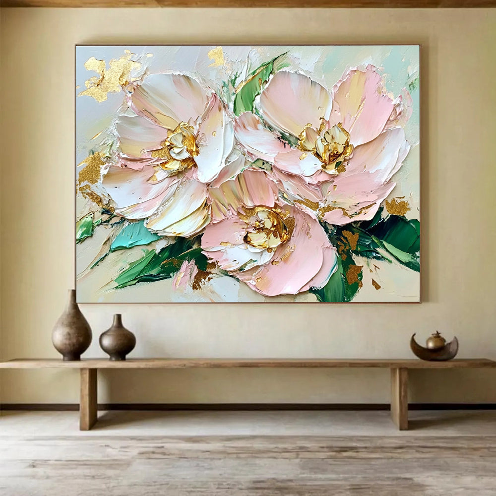 Textured Pink Flowers Abstract Painting with Gold Accents DYP282