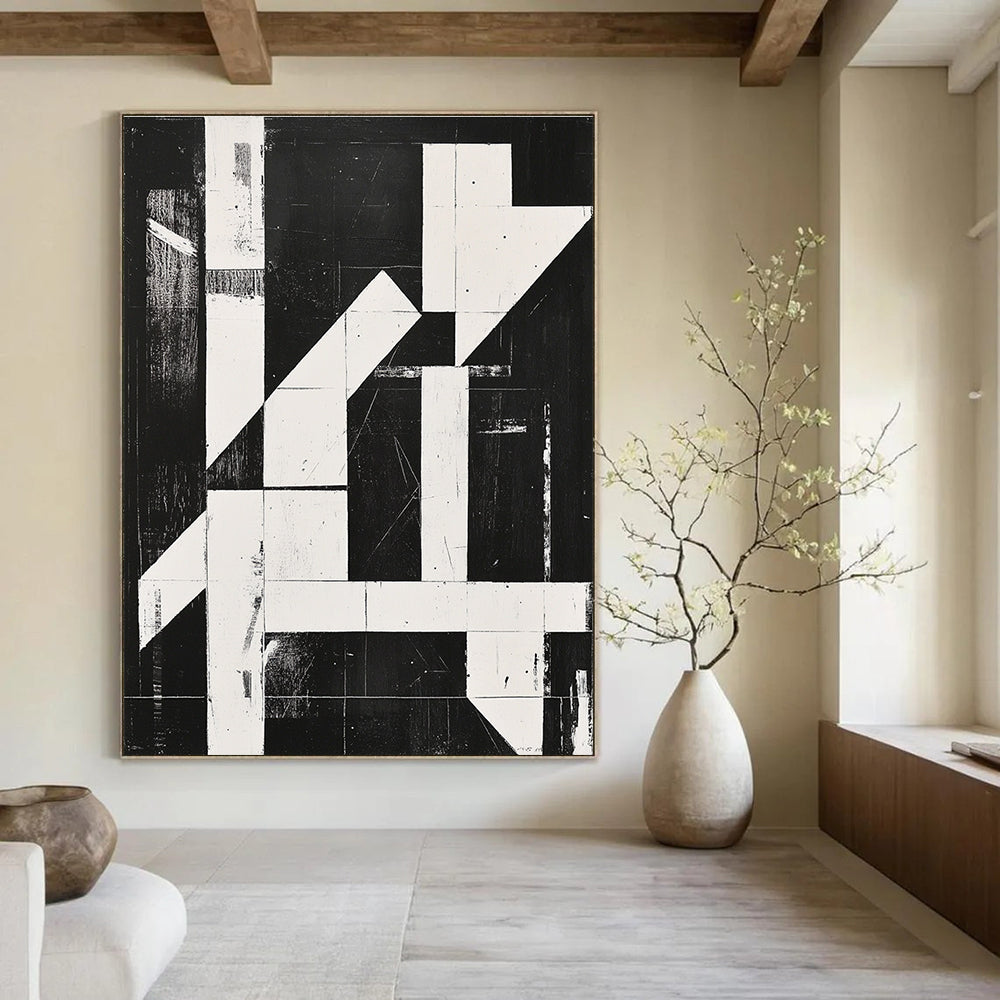 Large abstract painting with high contrast black and white lines and shapes featuring bold textured elements in a minimalist grid composition.STSC1279