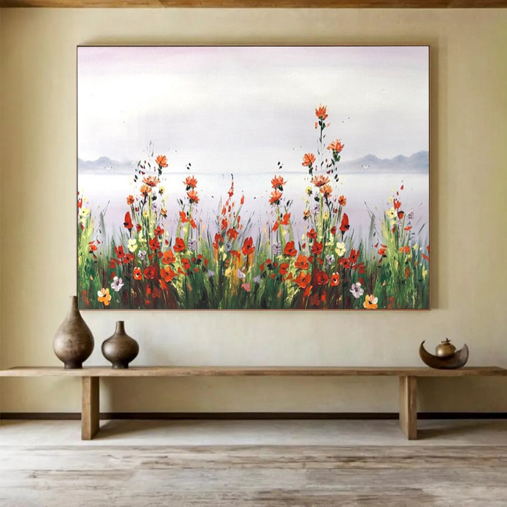 Wildflower Lake Abstract Painting with Red, Yellow, White, and Green Tones THY189