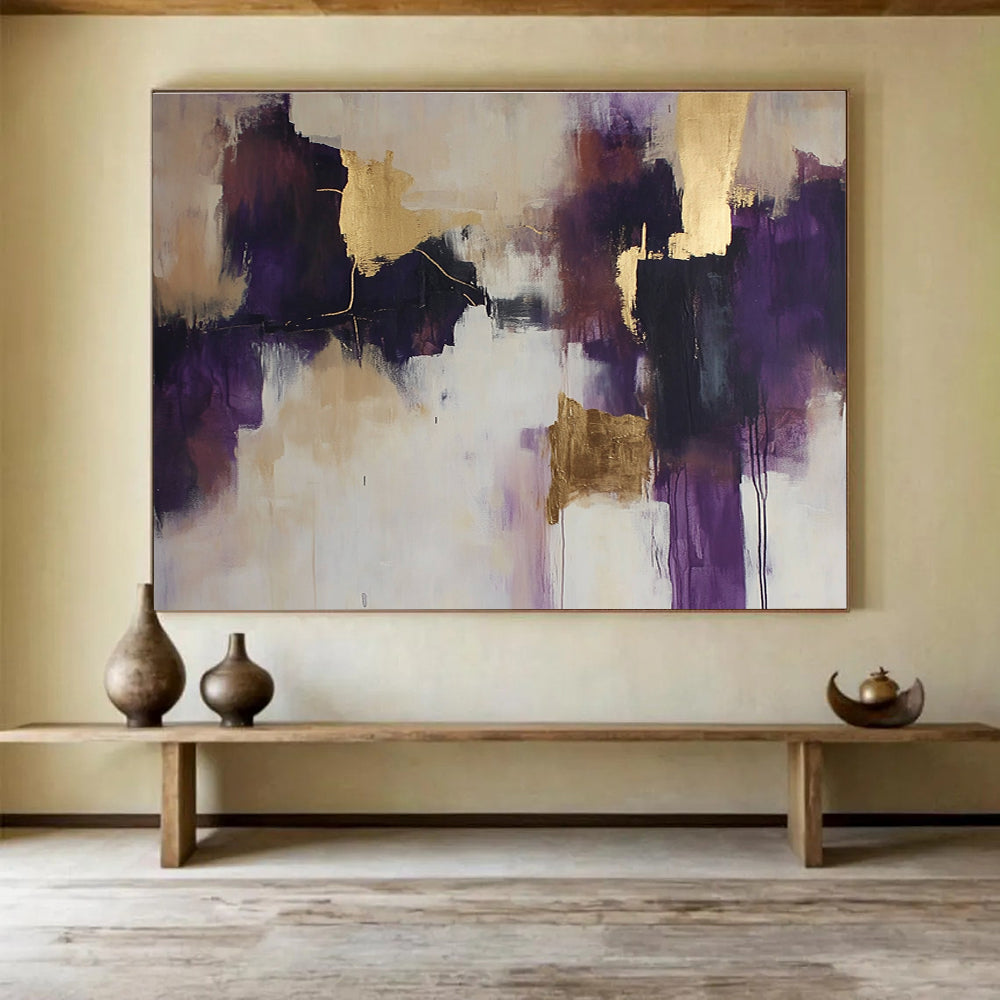 Purple and Gold Abstract Painting with Dynamic Forms DYP396