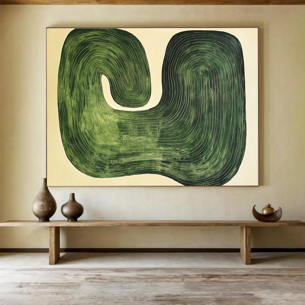 Green Curved Lines Abstract Painting with Organic Shapes DYP363