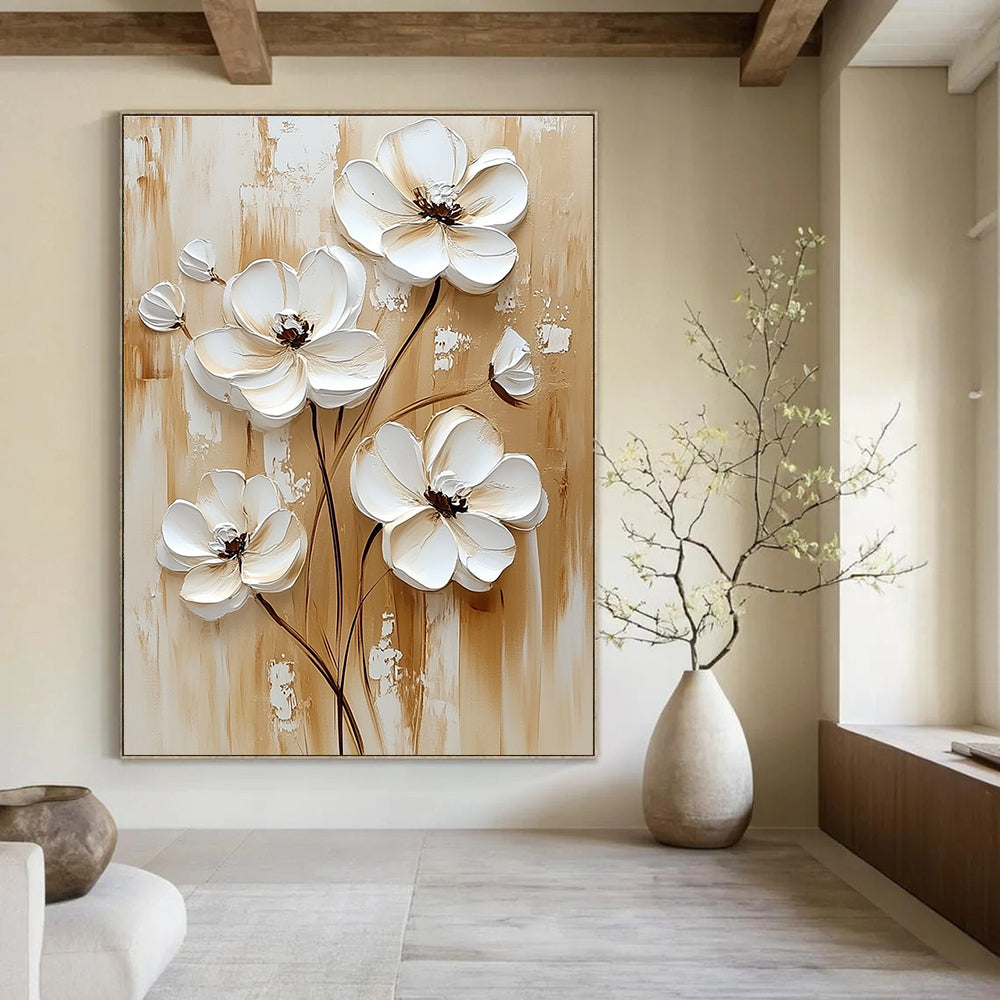 Abstract painting featuring white flowers on a beige background in a white cream and brown palette ideal for modern decor.STSC1479