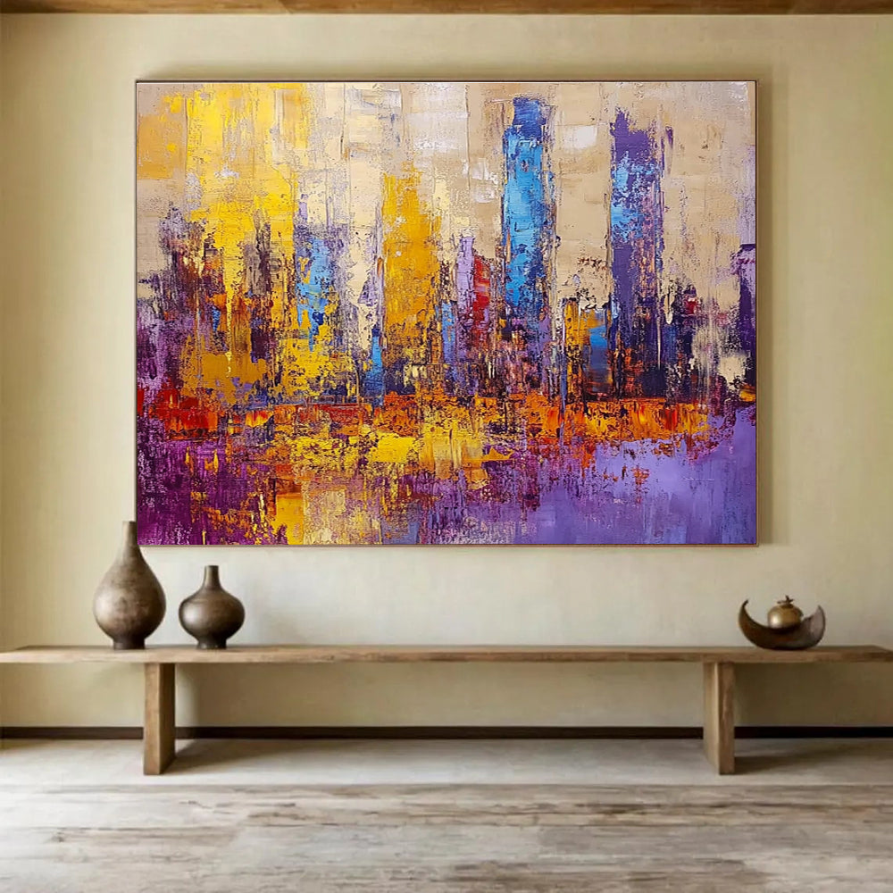 Colorful Cityscape Abstract Painting with Purple and Gold Accents DYP514