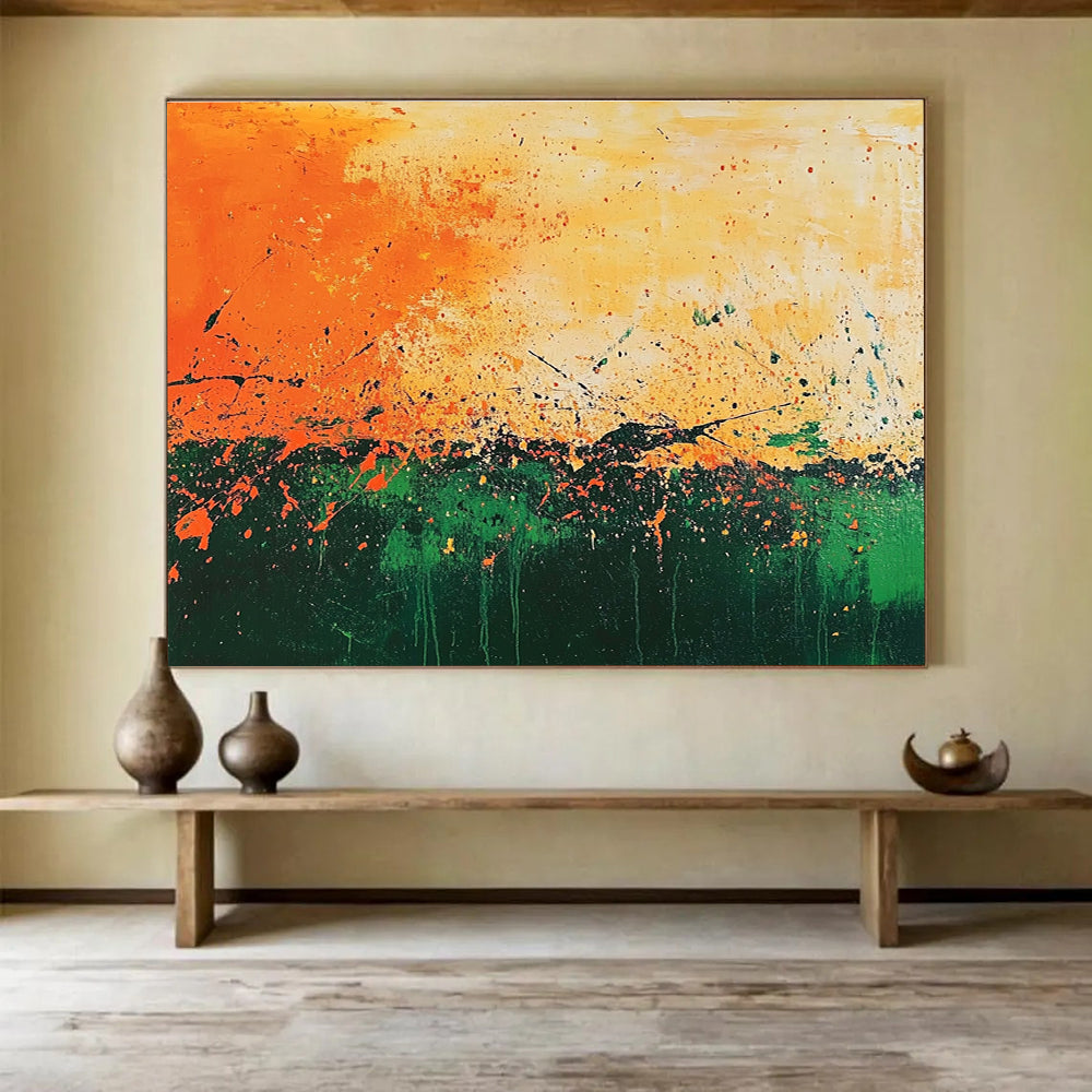 Large abstract painting featuring vibrant orange and green paint splatters reminiscent of Jackson Pollock's dynamic style.SC062