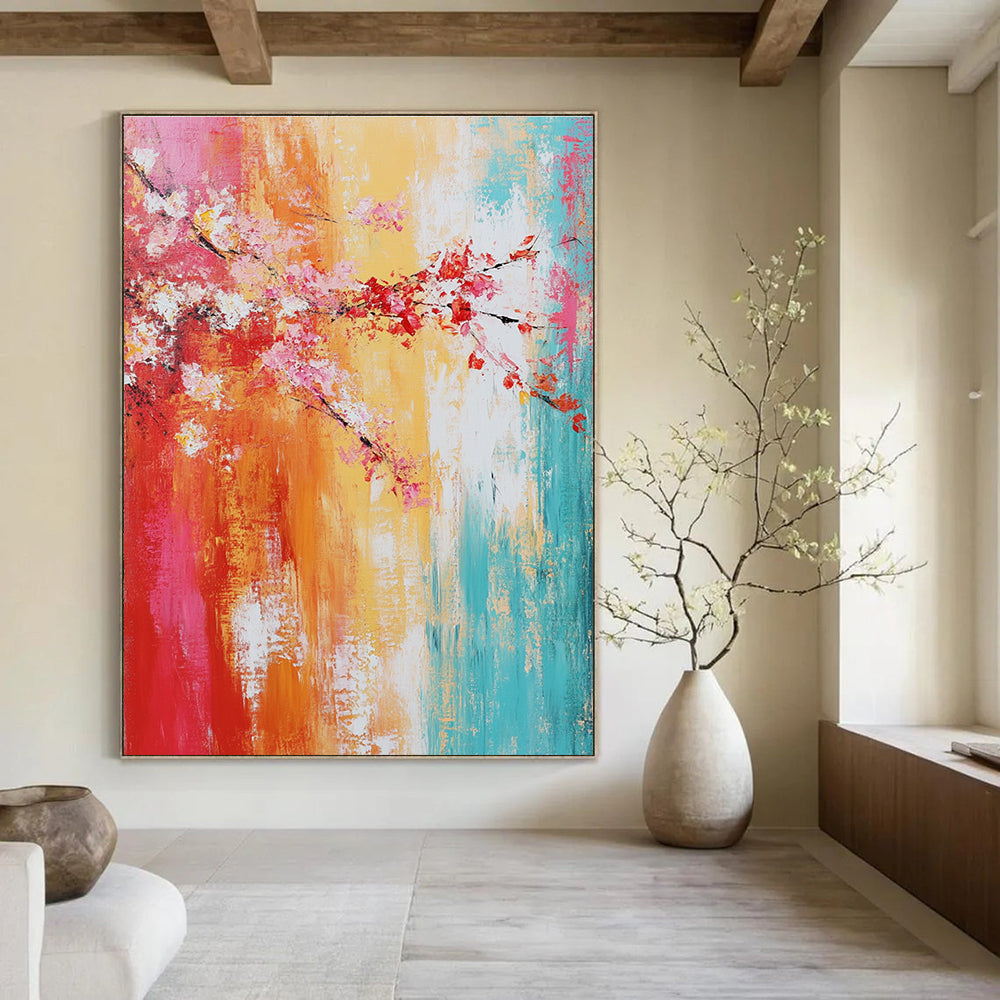 Large abstract painting on textured canvas showcasing vibrant warm colors and soft brush strokes for emotional expressionism.STSC373