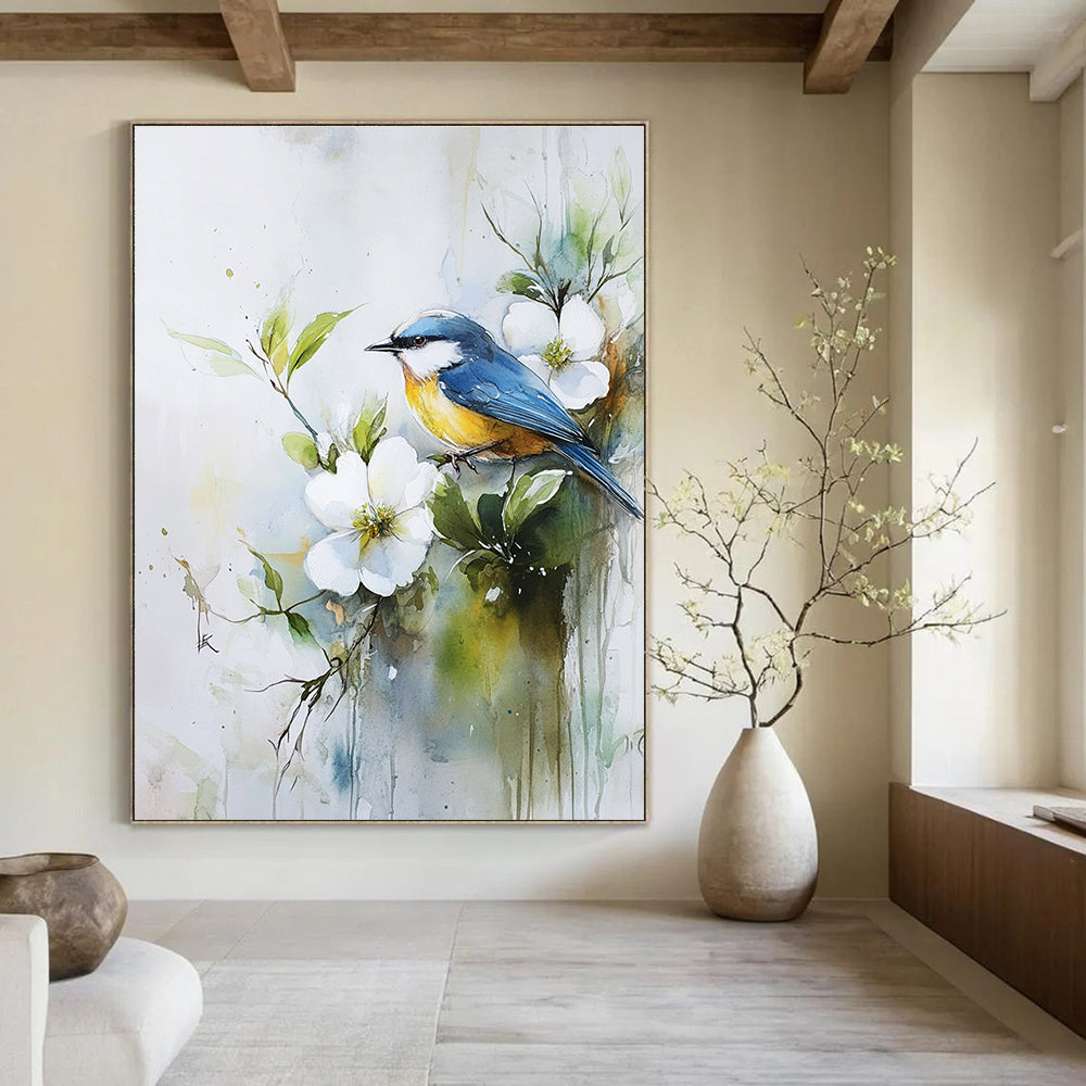 A large abstract painting featuring a blue and yellow bird on white flowers with soft green leaves and tranquil brushwork for serene beauty.STSC901
