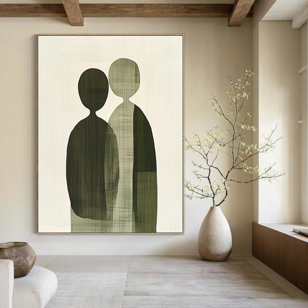 A large abstract painting featuring green and gray shapes with subtle textures, depicting unity and connection through minimalist design and soft tones.STSC1075